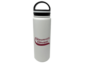 White water bottle with maroon Stewart's logo. 