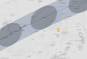 Map of upstate NY. Shows the path of the solar eclipse and pins the location of our manufacturing plant, located just south of the path of the eclipse. 