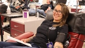 Woman giving blood. 
