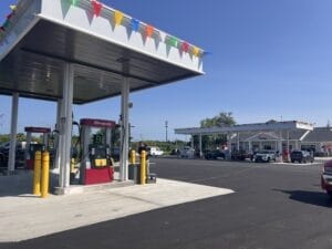 Glenmont Shop new diesel pumps with flags. 