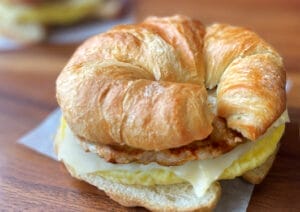 An easy breakfast near you! Try a breakfast sandwich from Stewart's Shops, like our Sausage, Egg, and Cheese on a croissant!
