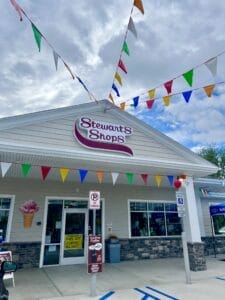 Shop entrance with colored flags. 