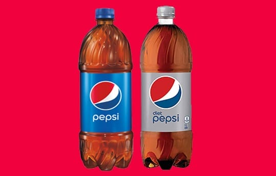 2 1Liter bottles of Pepsi. Regular on the left, diet on the right.