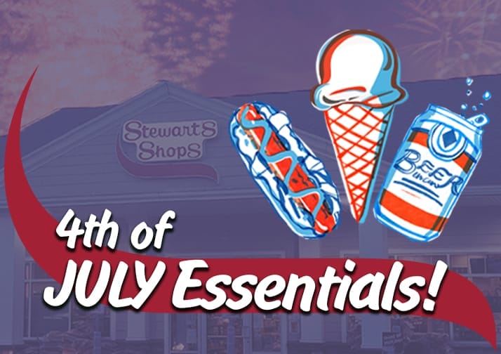 Stewart's Shops 4th of July Essentials Blog Photo. Images of a hotdog, ice cream cone, and beer.