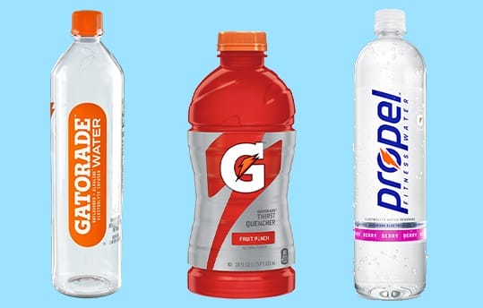 Gatorade Water on left, red Gatorade sports drink in the middle and a Propel on the right.
