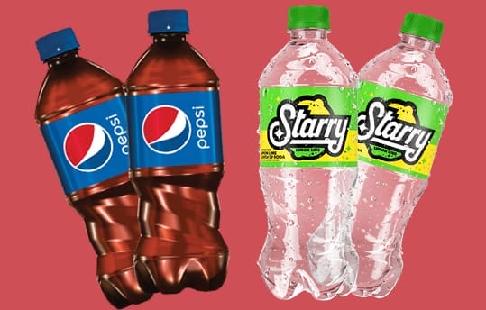 Two bottle of Pepsi on the left. Two bottle of Starry on the right.