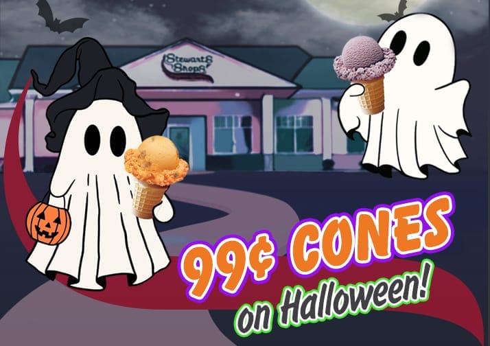A Halloween-themed promotional graphic featuring two cartoon ghosts holding ice cream cones in front of a Stewart's Shops store at night. One ghost wears a witch's hat and carries a pumpkin-shaped candy bucket, while the other holds a purple ice cream cone. The background includes a full moon and flying bats. Bold, colorful text reads '99¢ CONES on Halloween!' with a maroon banner curving across the bottom left corner.