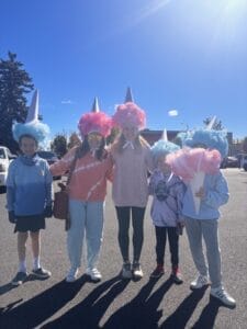 Students dressed as cotton candy ice cream cones. 