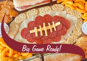 Charcuterie Board with Stewart's Shops products like pepperoni, cheese, subs, dip, chips, crackers and cheese puffs. Big Game Ready!