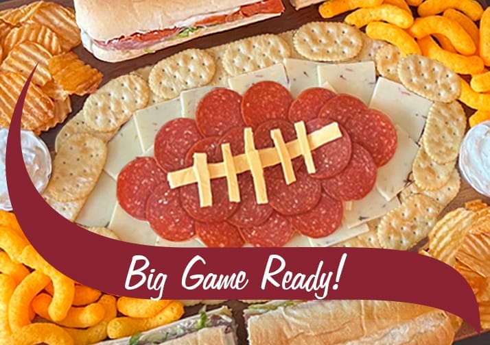 Charcuterie Board with Stewart's Shops products like pepperoni, cheese, subs, dip, chips, crackers and cheese puffs. Big Game Ready!