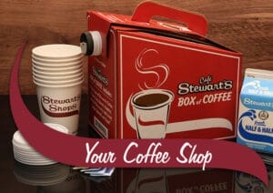 Stewart's Box of Coffee. The photo includes Stewart's Cups and Stewart's Half and Half. Your Coffee Shop.