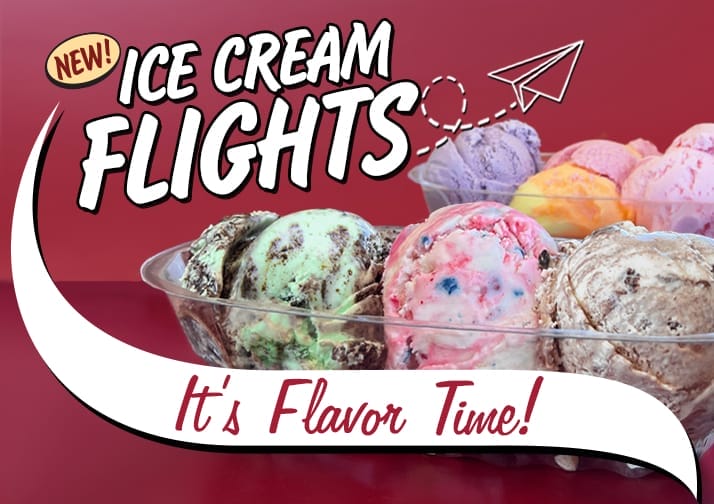Stewart's newest product ice cream flights. Flight of ice cream in a bowl with three different ice cream flavors. The bowl in the front has Mint Cookie Crumble, Fireworks, and Brownie Cookie Sundae. The bowl in the back has Black Raspberry, Rainbow Sherbet and Strawberry ice cream. It's Flavor Time!