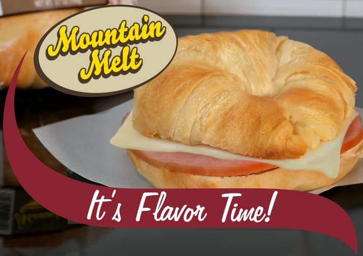 Stewart's new sandwich the Mountain Melt. A croissant with Canadian bacon and cheese. Its flavor time!
