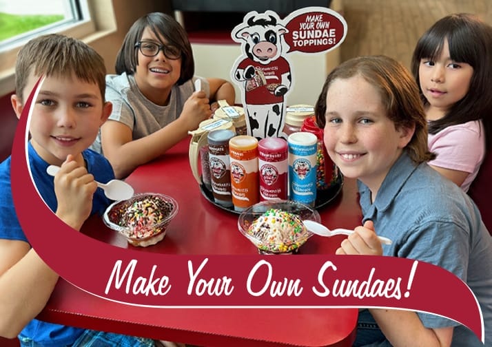 Make Your Own Sundae blog photo. Four kids eating ice cream at a table in Stewart's Shops