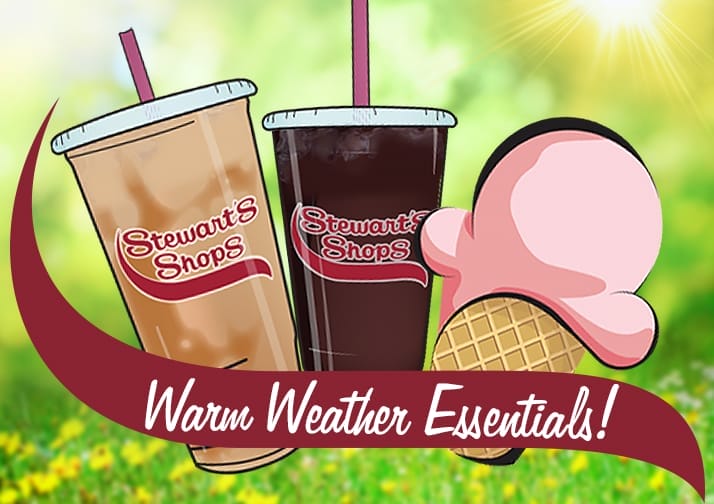 Warm Weather Essentials. Stewart's Shops animated iced coffee cups and a ice cream cone.