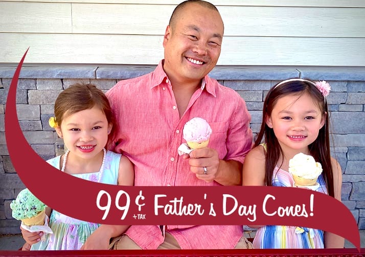 99 cent Father's Day Cones. Dad with 2 daughters eating ice cream