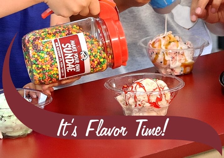 Make Your Own Sundae Photo. Three cups of ice cream. Nerds getting poured into one cup. Its Flavor Time!