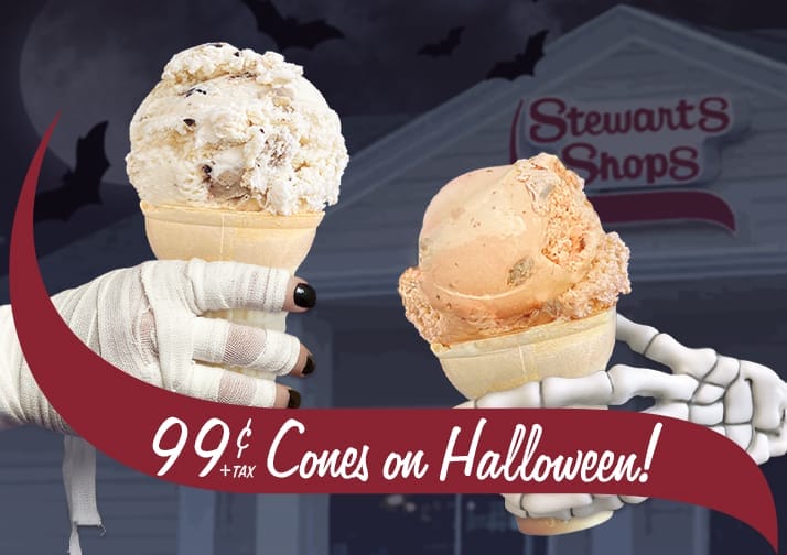 Mummy and skeleton hand holding ice cream cones on Halloween